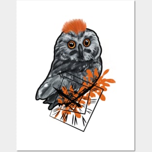 Owl Clock Orange & Grey Color Art Posters and Art